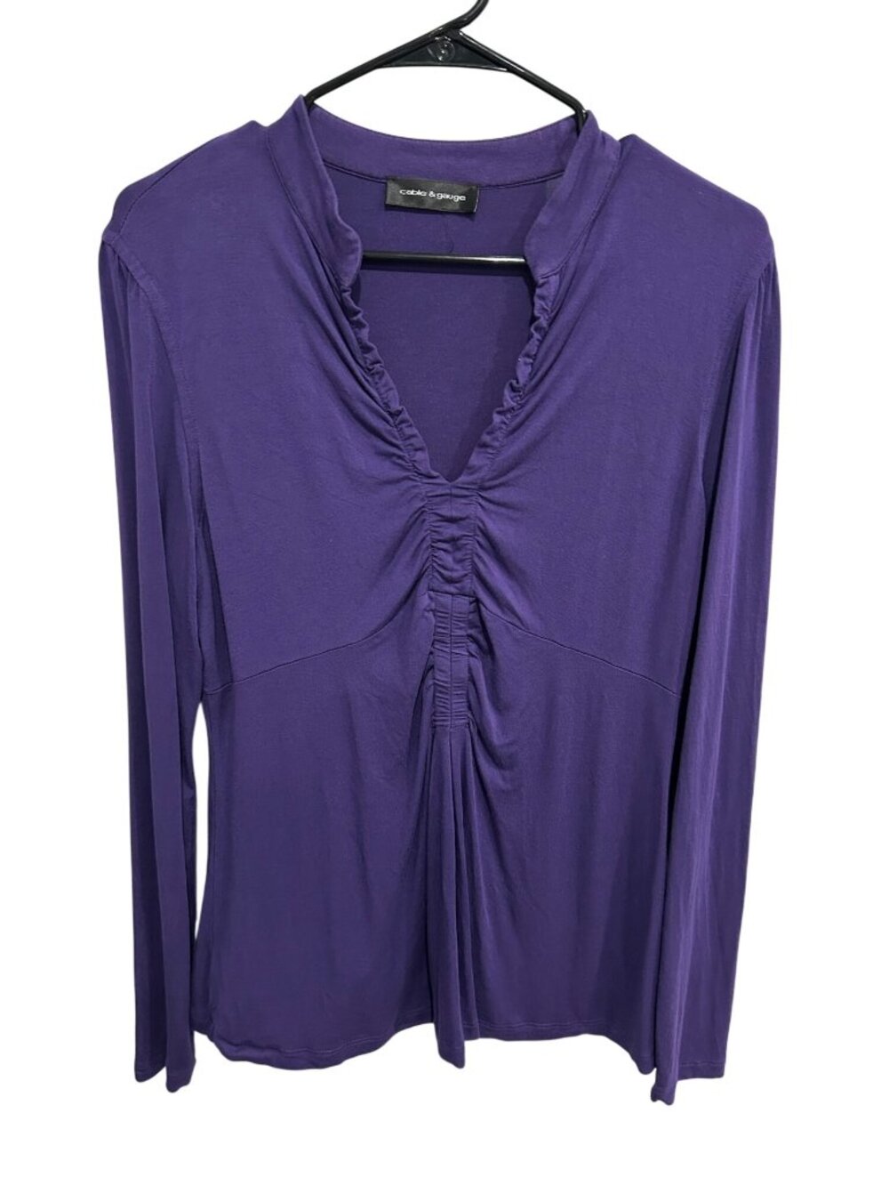 Cable & Gauge Purple Long Sleeve Ruched V-Neck Top Preppy Chic Minimalist